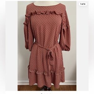 Max Studio Rust color Ruffle shirt dress with optional tie belt at waist size M